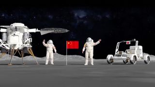 Two astronauts in white spacesuits stand on either side of a red flag, standing in the center on the moon&#039;s surface. On the left, a moon lander with two circular solar panels. On the right, a moon rover.