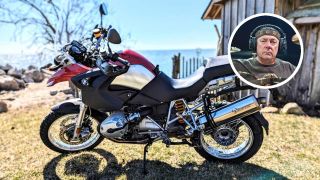 Neil Peart&#039;s BMW R1200GS and (inset) Neil Peart onstage