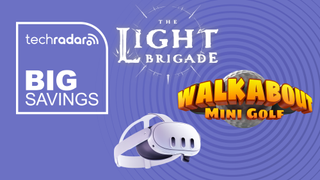 The Light Brigade and Walkabout Mini Golf logos next to a Meta Quest 3 VR headset