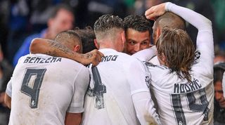 Karim Benzema, Sergio Ramos, Cristiano Ronaldo, Luka Modric and Casemiro celebrate a goal for Real Madrid against Wolfsburg in the Champions League in April 2016.