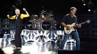 David Lee Roth, Drummer Alex Van Halen and Eddie Van Halen of Van Halen perform at Shoreline Amphitheatre on July 16, 2015 in Mountain View, California