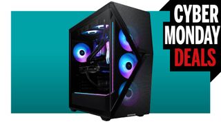 iBuyPower RDY Slate 8MP 002 gaming PC on a blue background with Cyber Monday Deals logo