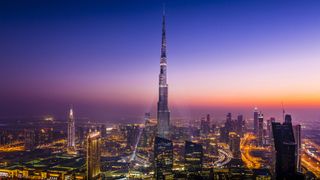 The skyline of Dubai in the United Arab Emirates, with the Burj Khalifa in the center