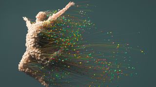 A CGI render of a person made of beige cubes jumping for joy, while multi-colored nodes stream out of them to represent AI positivity.