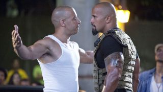 Vin Diesel and Dwayne Johnson in each other&#039;s faces in Fast Five