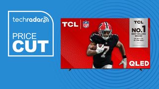 TCL Q6 series TV on blue background with price cut logo