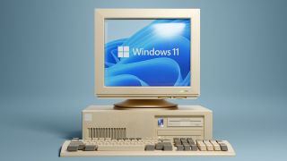 Retro 1990s style beige desktop PC computer and monitor screen and keyboard. 3D illustration.