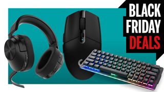 A gaming headset, gaming mouse and gaming keyboard on a teal background with the &quot;Black Friday Deals&quot; text in the top right