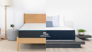 The Bear Original Mattress on a bed frame in a bedroom (left) and the Brooklyn Bedding Signature Hybrid mattress on a bed frame in a bedroom (right)