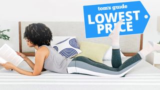 Woman lying on Leesa mattress, with &#039;Lowest price&#039; graphic overlaid