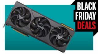 An image of an Asus RTX 4090 graphics card against a teal background with a white border, and a Black Friday Deals logo