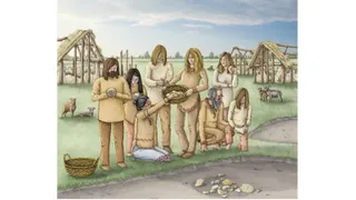 Illustration of Neolithic people disposing of human bones. Behind them is a small settlement.