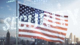 Virtual cyber security creative concept on US flag and city background. Double exposure