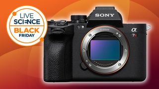 Sony A7R V on an orange background with a Black Friday logo