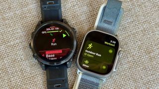 The Garmin Fenix 8 and Apple Watch Ultra 2, both showing Run activity start screens.