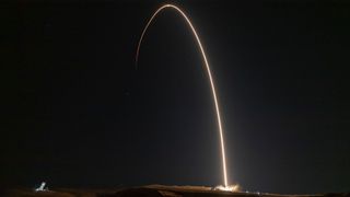 A SpaceX Falcon 9 rocket carrying the NROL-126 mission and 20 Starlink satellite launched from Vandenberg Space Force Station in California on Saturday, Nov. 30, 2024, as seen in this time lapse photo.