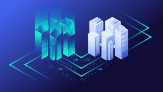 A digital illustration of an AI digital twin, shown as a stylized, isometric cartoon skyline on the right linked by glowing diagonal lines to a holographic copy of the skyline on the left. They are set against a gradient blue to black background.