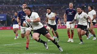 New Zealand&#039;s Cam Roigard on his way to scoring a try against France in the November 2024 test match