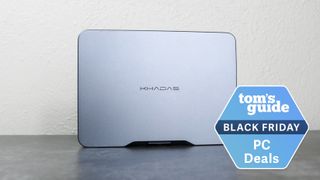 The Khadas Mind mini PC upright on a desk with a Tom&#039;s Guide Black Friday deals badge