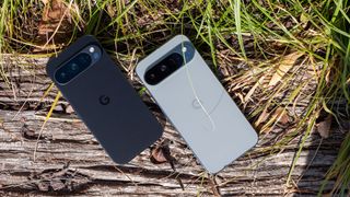 Comparing the backs and sizes of the Obsidian Google Pixel 9 Pro with the Hazel Google Pixel 9 Pro XL