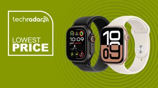 Apple Watch ultra 2 and series 10 on a green background with the text lowest price