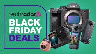 A collection of cameras on a green background with TechRadar Black Friday deals text overlay