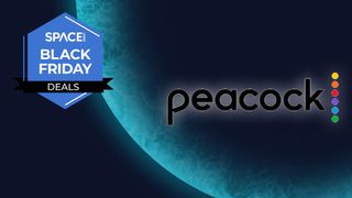 The Peacock logo in black, with a white outer glow on a blue planet background with the Space.com logo in the top left corner.