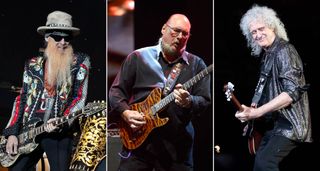 Billy Gibbons, Steve Cropper and Brian May: Gibbons plays his custom SG doublecut with the Flying V-style headstock; Cropper plays his Peavey T-style; Brian May plays the Red Special.