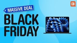 The latest MacBook Air on a blue background with the text &#039;Black Friday: Massive Deal&#039;. 