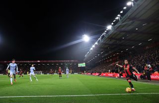 Justin Kluivert of AFC Bournemouth crosses the ball during the Premier League match between AFC Bournemouth and Tottenham Hotspur FC at Vitality Stadium on December 05, 2024 in Bournemouth, England