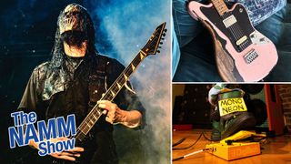 NAMM 2025 poster with pictures of Misha Mansoor&#039;s custom Jackson Surfcaster, a yellow DigiTech Whammy, and Mick Thomson playing an ESP guitar