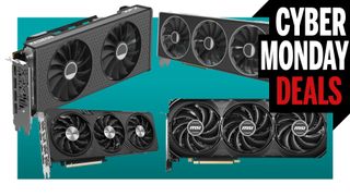 A collage of AMD and Nvidia graphics cards against a teal background with a white border, and a Cyber Monday deals logo