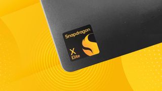 Close up of the Snapdragon X Elite sticker on the Lenovo Yoga Slim 7x with an abstract yellow background