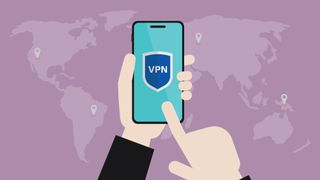 Tecknad hand som håller en mobil enhet som kör en VPN, framför en världskarta.