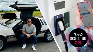 A man sitting in an Electrogenic DeLorean DMC-12 and a person holding a phone at an EV charging station.