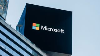 Microsoft logo and branding pictured on illuminated signage in New York, US, on Friday, Oct. 25, 2024