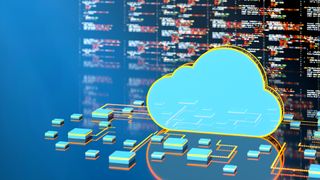 Cloud computing concept image showing a cloud symbol attached to separate containers.