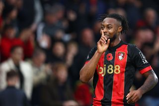 Antoine Semenyo of Bournemouth celebrates scoring the opening goal during the Premier League match between AFC Bournemouth and Manchester City FC at Vitality Stadium on November 2, 2024 in Bournemouth, England.