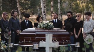 Screenshot of Yellowstone characters at John&#039;s funeral burial in Yellowstone Season 5 finale