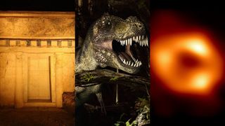 Collage of three pictures, from left to right: an ancient royal tomb in Greece, T. rex reconstruction and Sagittarius A*.