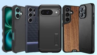 An assortment of phone cases for iPhone, Galaxy S24 and Pixel 9