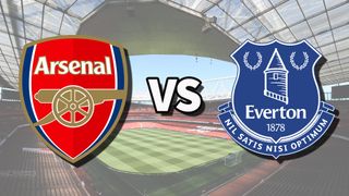 The Arsenal and Everton club badges on top of a photo of Emirates Stadium in London, England