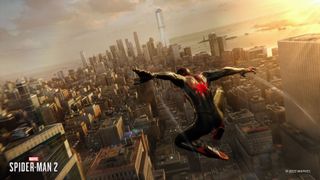 Best Superhero games: Spider-Man jumping over the city during Marvel&#039;s Spider-Man 2.