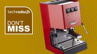 Gaggia Classic Pro coffee machine on gold background with white text reading &quot;TechRadar don&#039;t miss&quot;