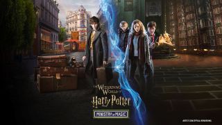 Wizarding World of Harry Potter - Ministry of Magic concept art with harry, Ron, Hermione, and Newt Scamander