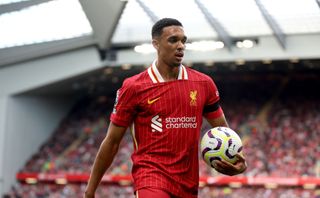 Liverpool star Trent Alexander-Arnold during the Premier League match between Liverpool FC and Nottingham Forest FC at Anfield on September 14, 2024 in Liverpool, England.