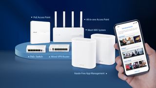 A visual showing the whole ExpertWiFi range from Asus, including PoE access point, all-in-one access point, mash WiFi system, PoE switch, wired VPN router, and smartphone-based management app