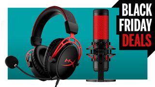 A HyperX gaming headset and Quadcast microphone on a Black Friday deals background