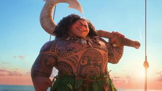 Maui posing with his fish hook in Moana 2