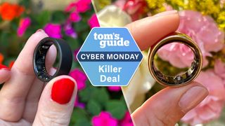 Left image Ultrahuman Ring Air black, right image Oura Ring gold, center Cyber Monday deals badge